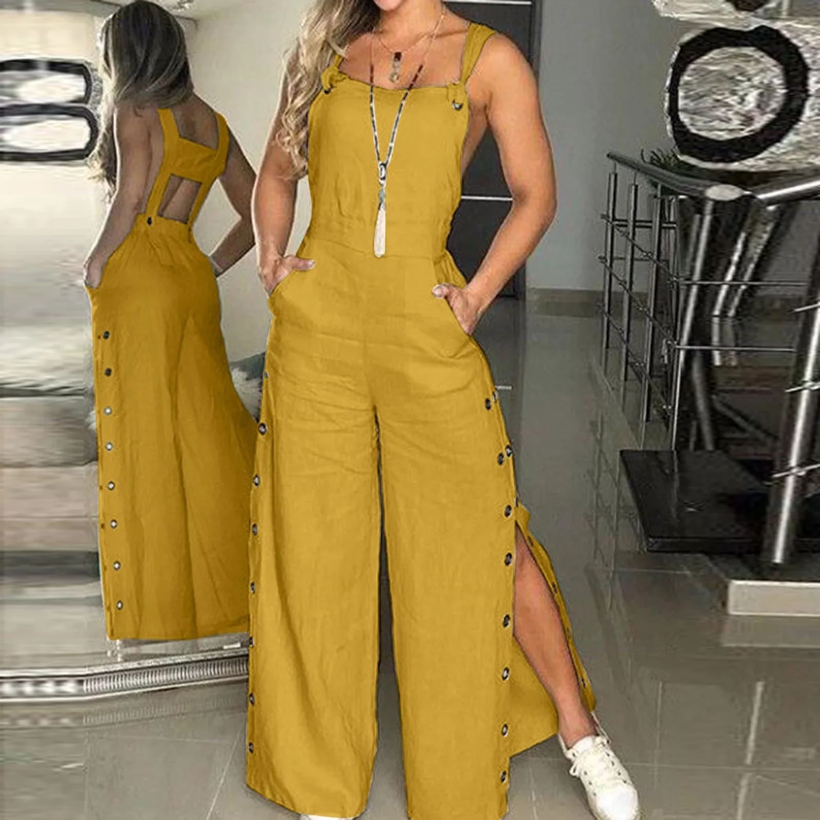 Jumpsuit wanita musim panas tanpa lengan warna Solid kantong kaki lebar longgar setelan bermain bertali keseluruhan kantong kaki lebar Mono Mujer Verano