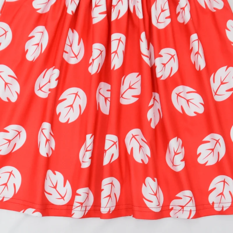 Lilo Dress Women Girl Red Long Dress with Leaf Printed Summer Beach Hawaiian Clothing