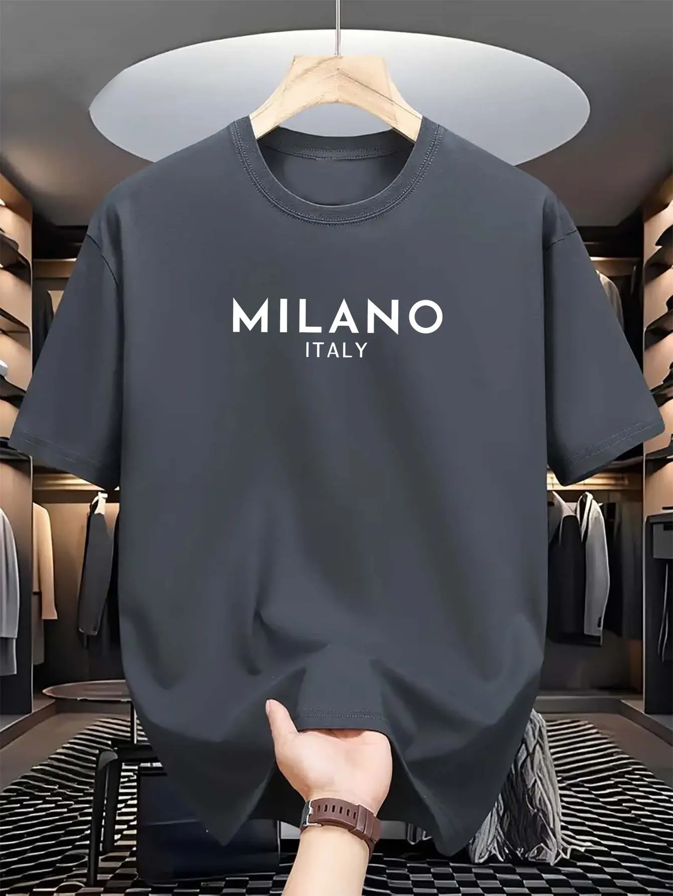 Summer men's 100% pure cotton casual loose and fashionable MILANO ITALY letter printed round neck short sleeved T-shirt top image 3
