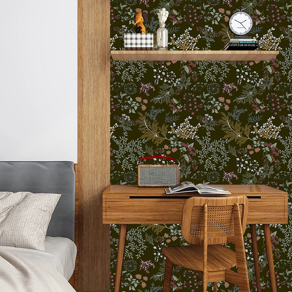 Floral Wallpaper Green Leaves Peel and Stick Dark Farm Wildwood Self Adhesive Wallpapers Thicken For Home Bedroom Cabinet Decor