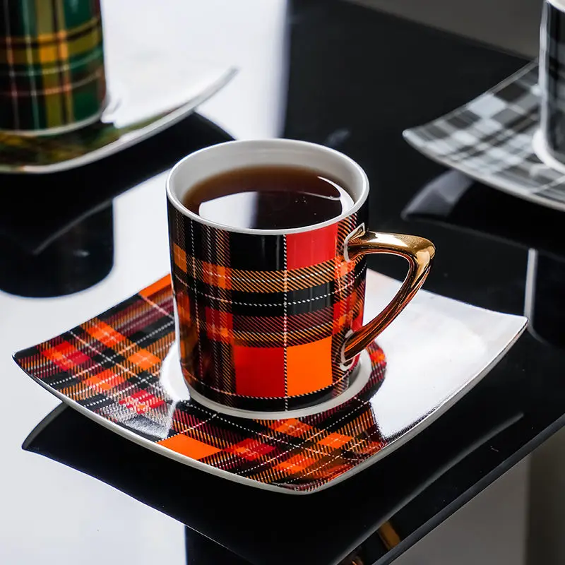 

English Style Coffee Cup Set Grid High Value Light Luxury 200ml Afternoon Tea Cups Saucer Set Dishwasher Can Be Used Drinkware