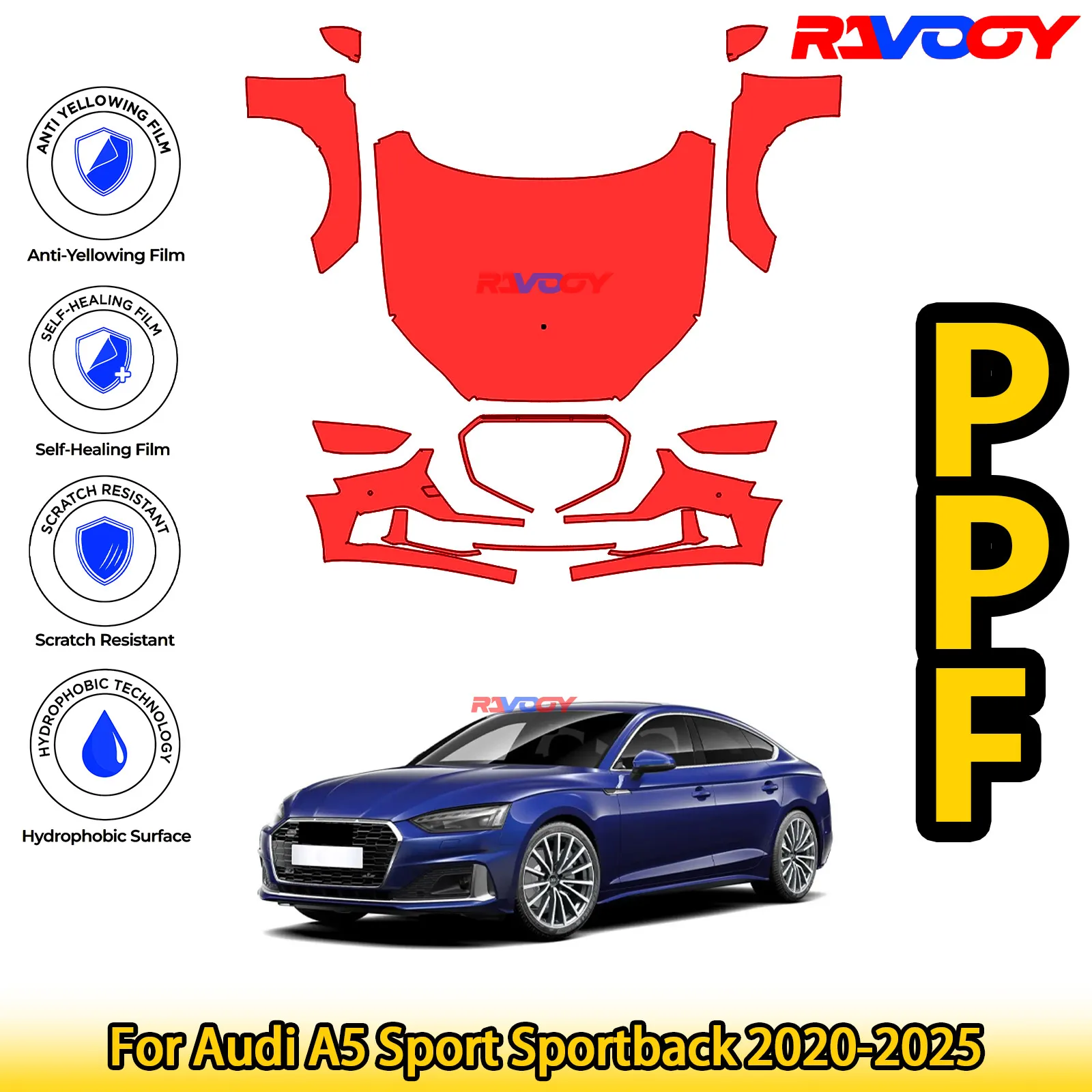 

For Audi A5 Sport Sportback 2020-2025 Glossy Matte Black Precut front PPF Kit Paint Protection Film