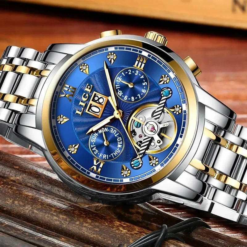 LIGE Automatic Watch Men Tourbillon Watch Luxury Business Mechanical Watches Men Stainless Steel Sports Clock Relogios Masculino