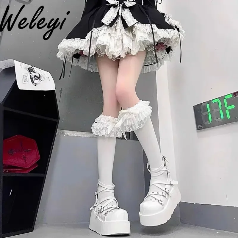 Lolita Multi-layer White Lace Calf Socks Jirai Kei Japanese Girl Jk Cute Women's Bow Long Stocking Lolita Tube Stockings Sweet