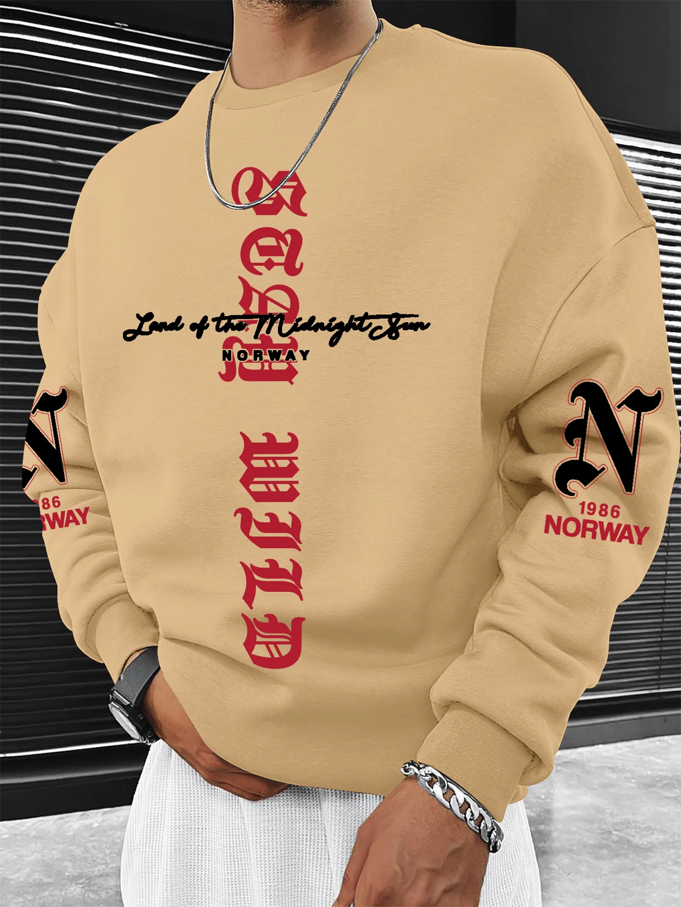 Herren Oversize-Sweatshirt mit überschnittenen Schultern, Vintage-Norwegen-Textdruck, Hip-Hop-Freizeitpullover – Detail 8