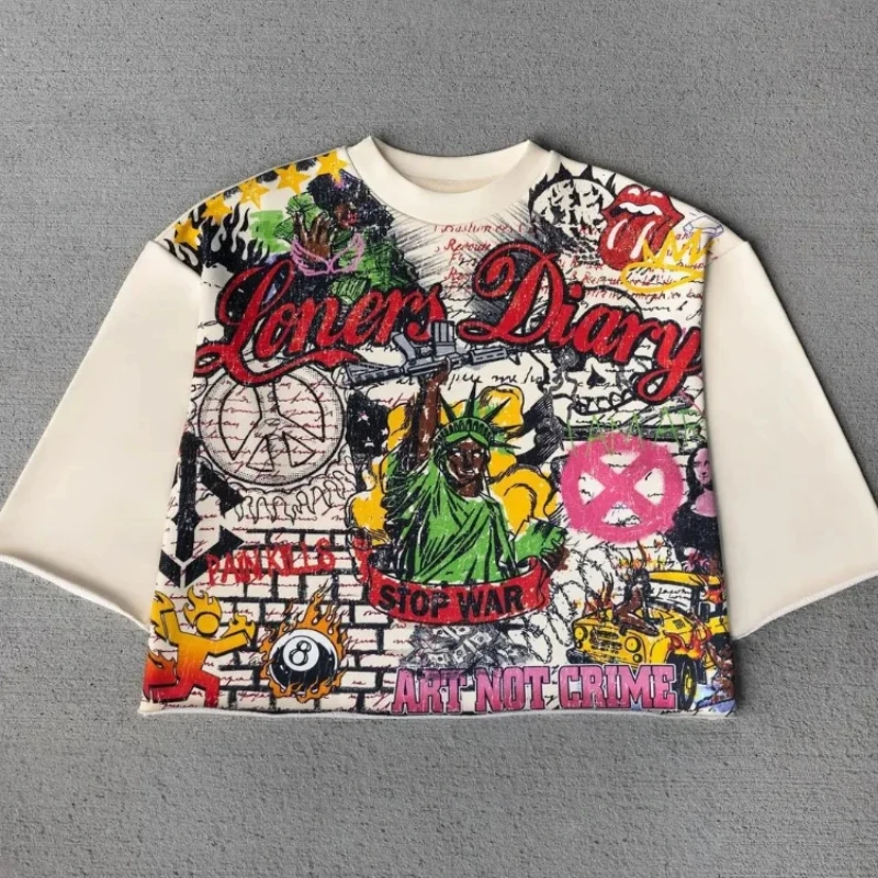 European and American Y2K Street Struggle for Freedom Personalized Graffiti Printed T-shirt Trendy Autumn Large Loose Women Tees