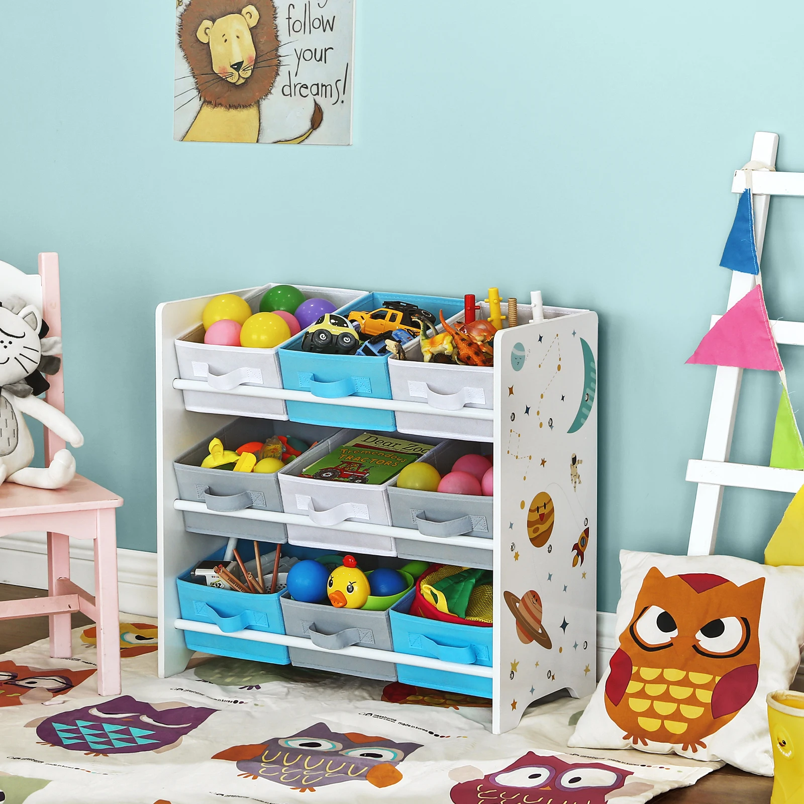 SONGMICS Étagère de Rangement Enfant pour Jouets et Livres, 9 Boîtes Amovibles Tissu Non-tissé, pour Chambre d Enfant, Salle de Jeux, Garderie, École, 62,5 x 29,5 x 60 cm, Motif Espace