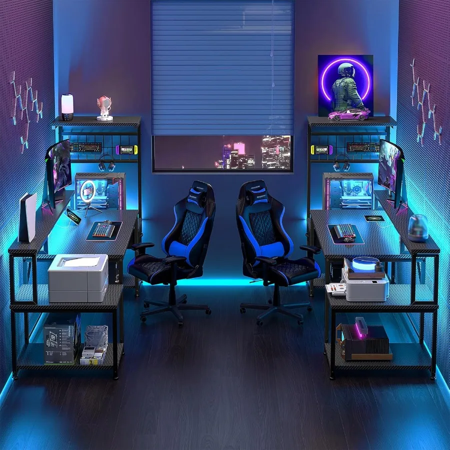 63 مكتب ألعاب مزود بمصابيح LED مدمجة ومنافذ كهربائية مدمجة ومكتب كمبيوتر يتميز بحامل شاشة تخزين للأدراج #2