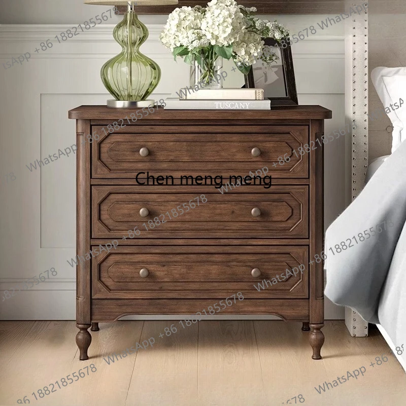 

American solid wood bedside table, bedroom storage edge, French three-pump bedside table, retro home