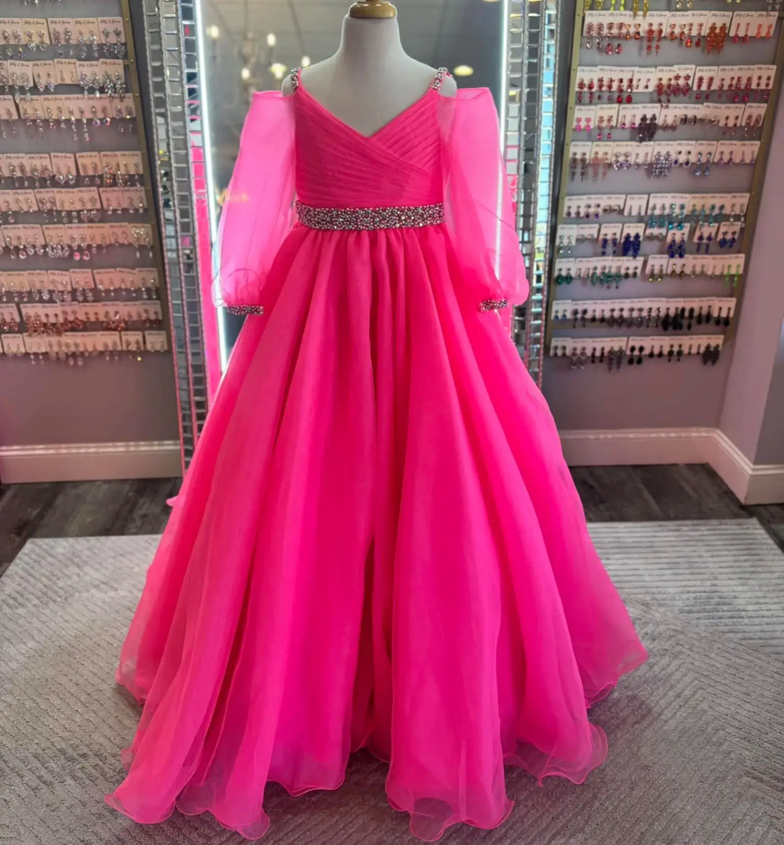 

Princess Pink Girls Birthday Party Dresses Customized V Neck Long Sleeve Flower Girl Dress Kids Pageant Gowns