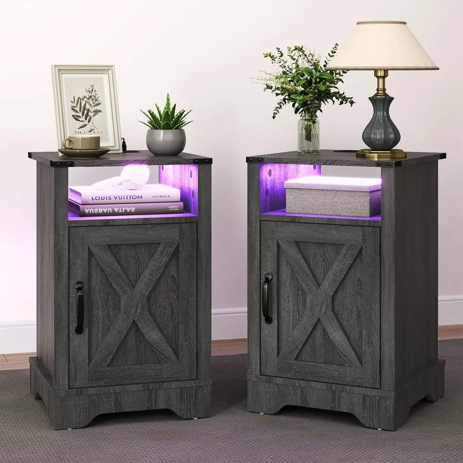 

Farmhouse Nightstand, Grey Night Stand with LED Lights and Charging Station, Bedside Table Set of 1 with Storage and Door, Wood
