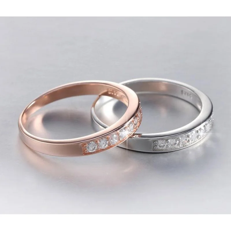 S925 Sterling Silver Diamond Bar Ring Single Row Engagement Eternity Wedding Band for Couples Women's Fashion Jewelry