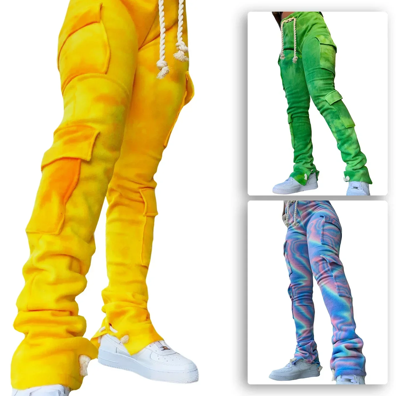 Strecth Cargo Pants for Women Streetwear Mid Waist Multi Pockets Drawstring Trousers Vintage Autumn Printing Sweatpants