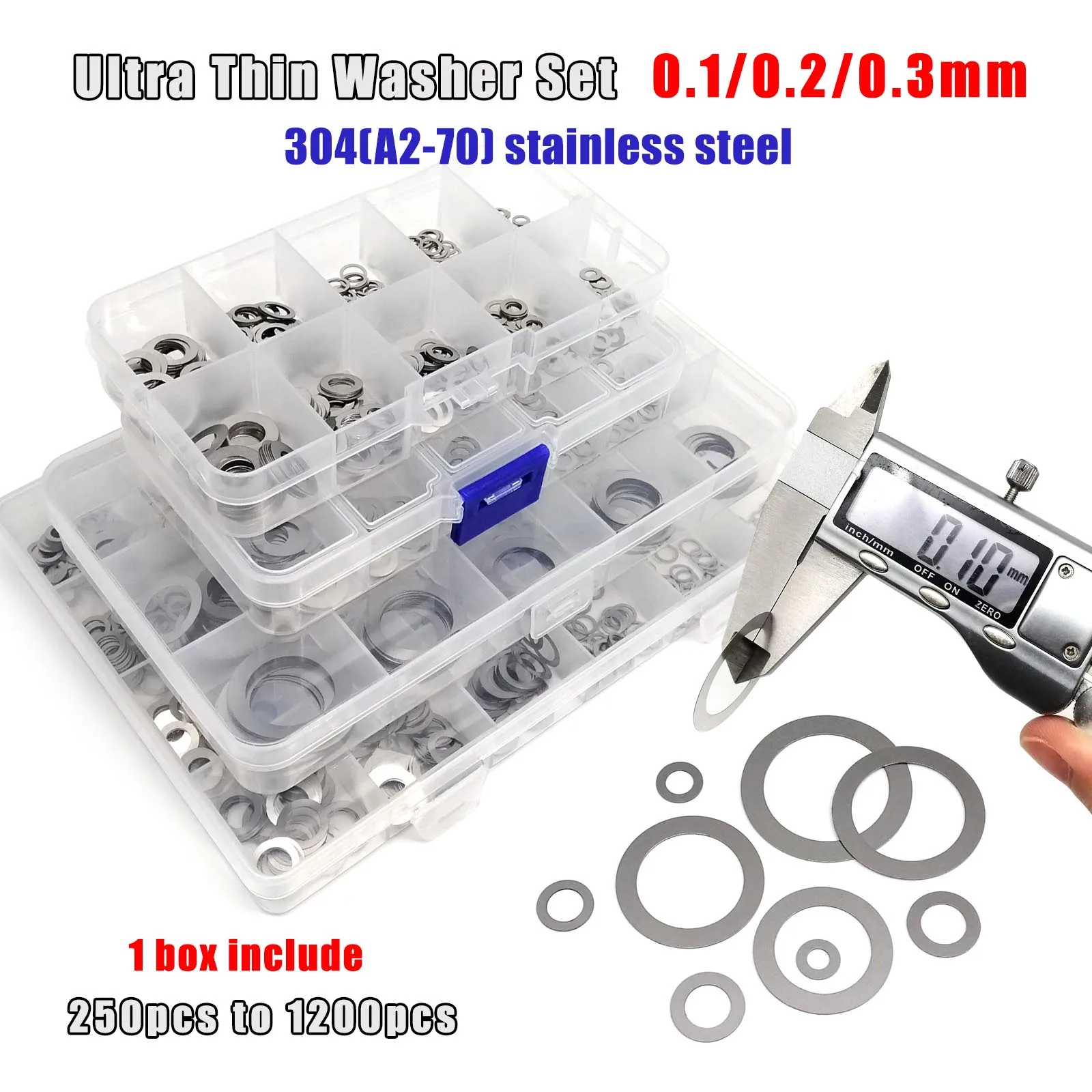 1 scatola 0,1 mm 0,2 mm 0,3 mm di spessore rondella piatta ultra sottile spessore di regolazione kit guarnizioni semplici set dimensioni miste da M3 a M20 acciaio inossidabile 304