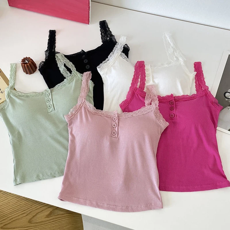 FSMG Sexy Lace Camisole With Chest Pad Crop Tops Female Sweet Solid Knit Slim Undershirt Sleeveless T Shirt Front Button Vest