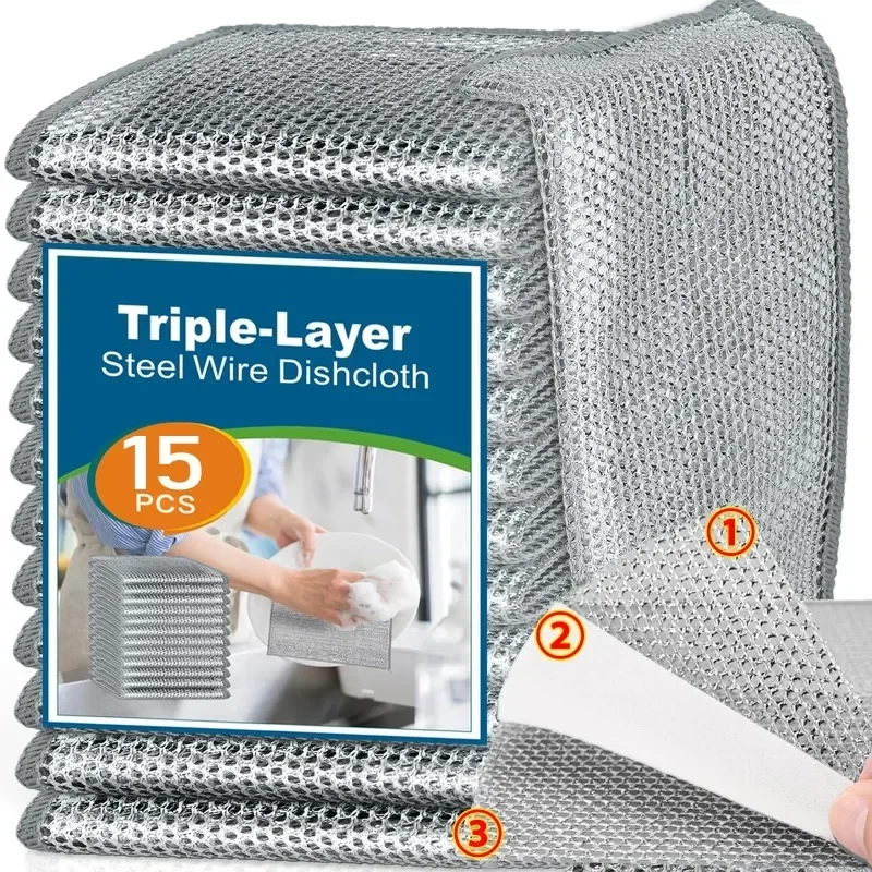 Triple-layer Wire Cleaning Cloth Double-sided Thickened Metal Silver Wire Rags Kitchen Dish Pot Washdishing Cloths Towel Clean