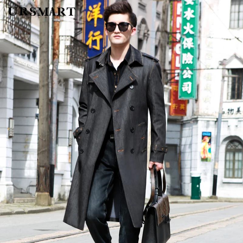 Men's Long Denim Trench Coat - Over-the-Knee Double-Breasted British Style for Autumn and Winter Thickened and Warm