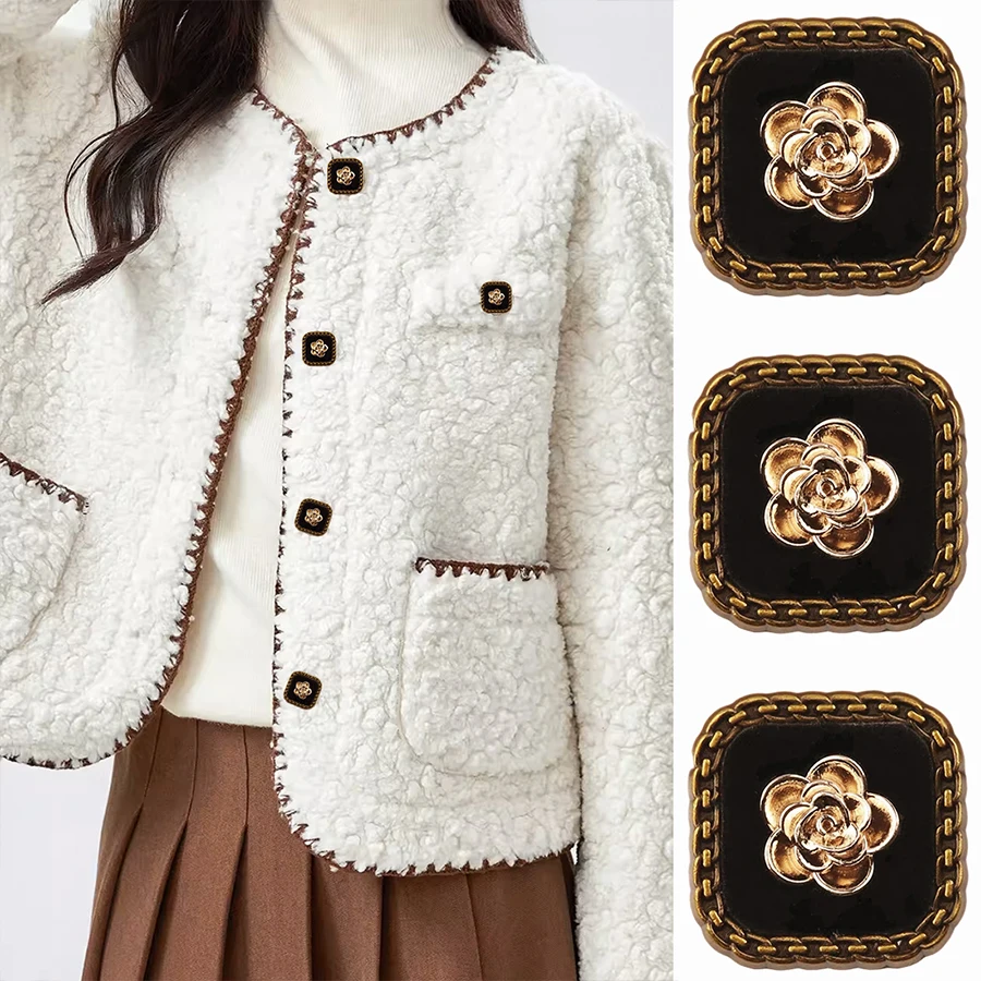 

10pcs Vintage Flower Flocking Square Black Metal Buttons Coat Trench Coat Sweater Jacket Rose Decorative Buttons Sewing Supplies