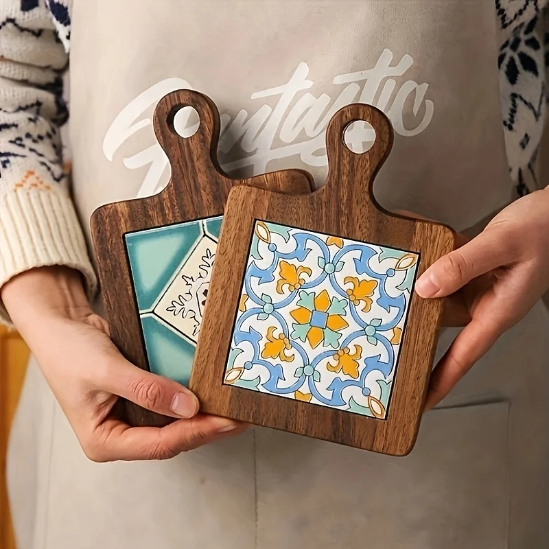 

Vintage Japanese Floral Tile Design Pine Wood Trivet Set, Heat Resistant Synthetic Cover, Decorative Hot Pad for Kitchen