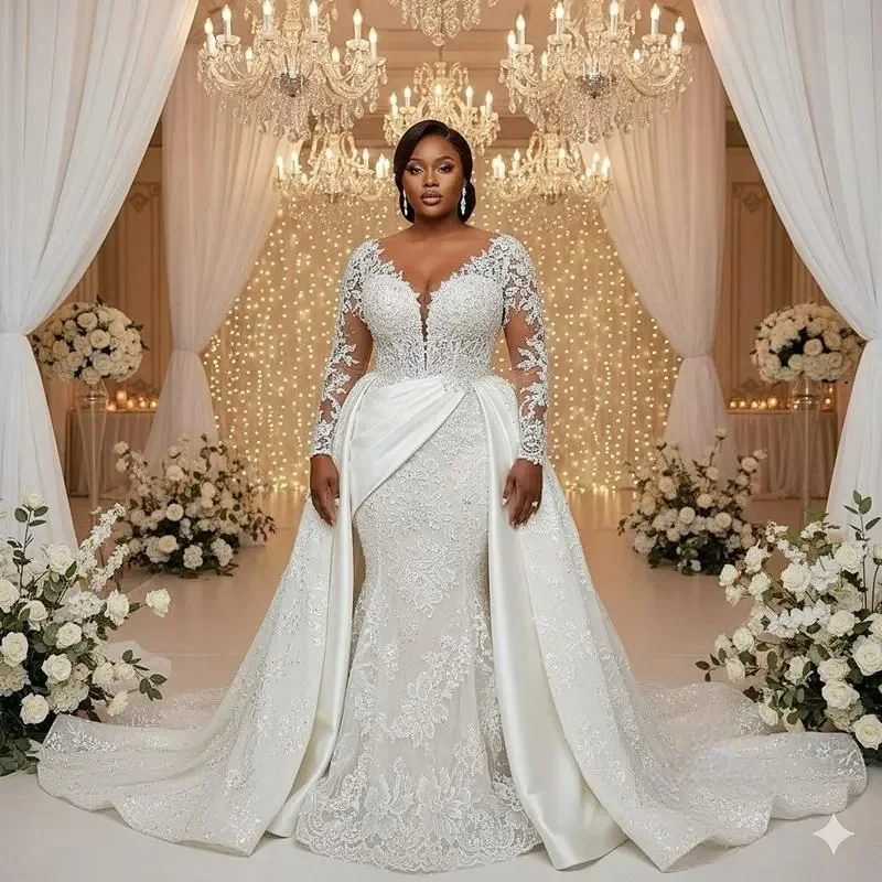 Customized Plus Size Mermaid Wedding Dress  Bride Bridal Gowns Lace Sheer Neck Detachable Train Appliqued Beaded Lace Crystals