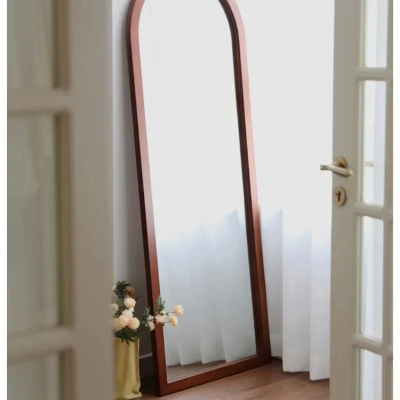 French literary and retro style, solid cherry wood wall floor mirror, arched full-length vanity mirror