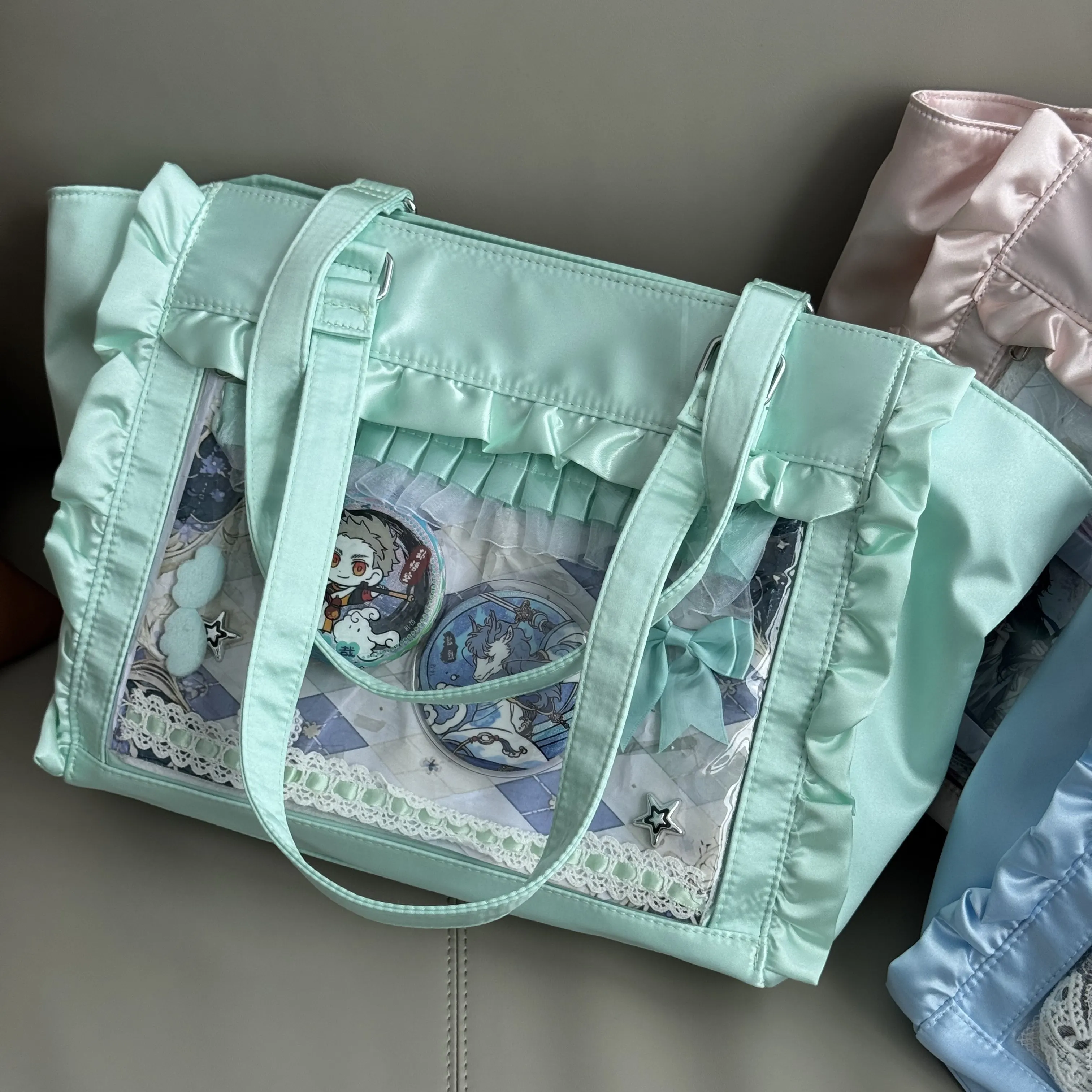 Kawaii Satin Ruffle Ita Tote Bag Women Sweet Lolita Transparent Window Large Capacity Badge Display Shoulder Handbag for  Girl