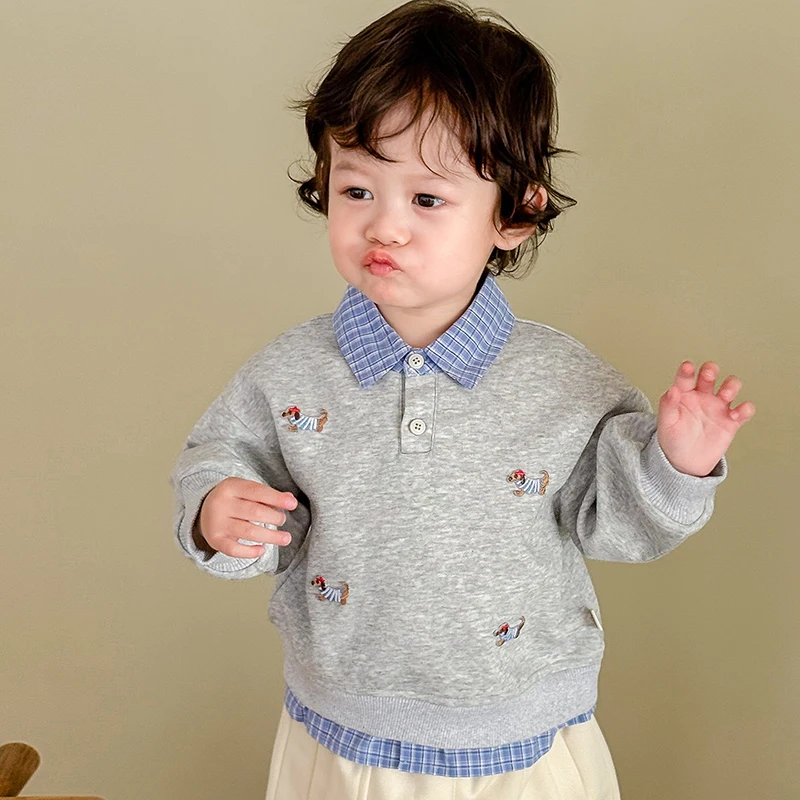 

New Autumn Baby Boy Clothes Cute Dog Embroidery Fake Two-Piece Plaid Collar Pullover Top for 0 - 5Y Kids