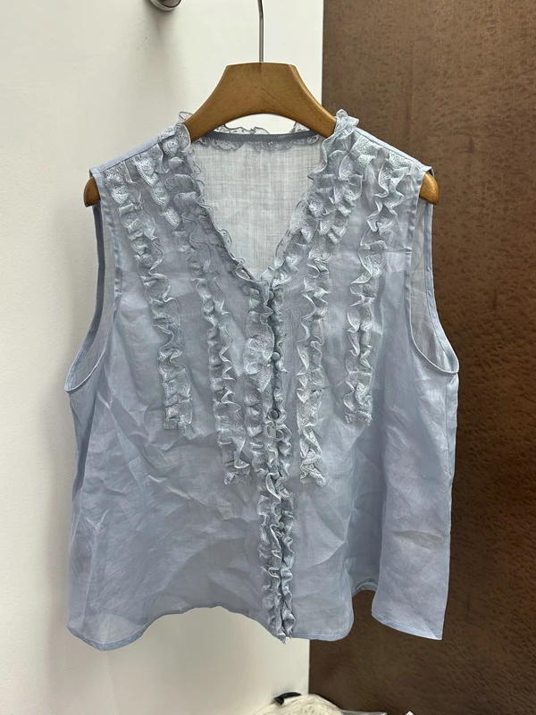 

New Summer 100% Flax Sleeveless Women's Shirt Fashionable Pure Color Wooden V-neck Loose Fit French Style Age-defying