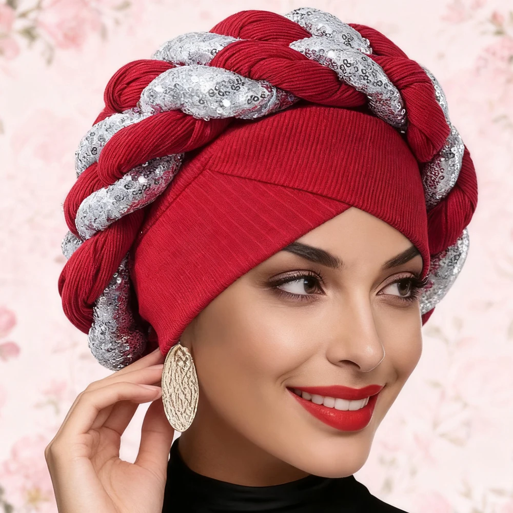 

Женский тюрбан, женский африканский головной убор с автогелем, Нигерия, свадебная вечеринка, капот с гелесом, мусульманский хиджаб, косы, повязка на голову с блестками