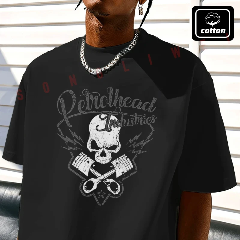 

Petrolhead Industries Skull And Pistons Moto T-Shirt Vintage Cotton Plain Mens Funny T Shirts Casual Harajuku Clothes