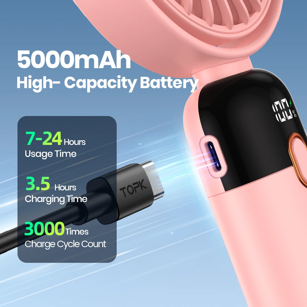 TOPK Mini Portable Handheld Fan USB Rechargeable Fan 360° Rotatable Handheld and Neck 2in1 Cooling Hand Fans Ventilation Fan