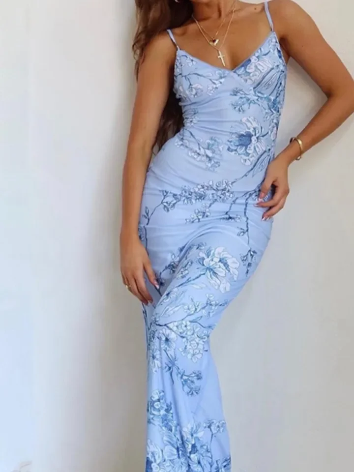 เดรสพิมพ์ลายหรูหราสำหรับผู้หญิง แฟชั่นเซ็กซี่ สายเดี่ยว คอวี ทรงเข้ารูป ชุดเดรสยาวสำหรับงานเลี้ยงกลางคืน