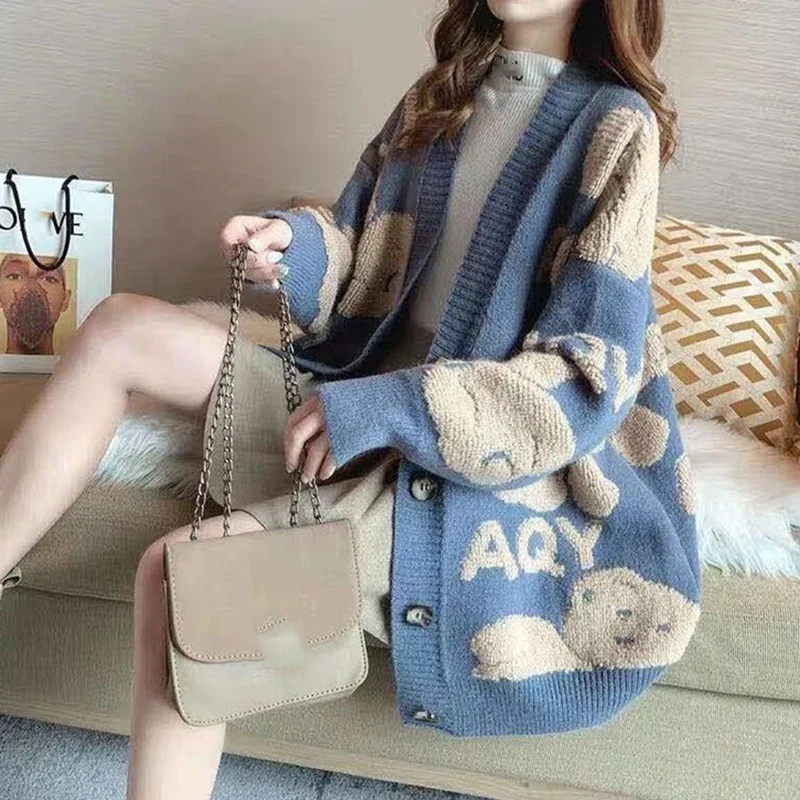 Cappotto maglione stampato orso maglione caldo lavorato a maglia rosso da donna cappotto cardigan monopetto per donna 2024 autunno inverno