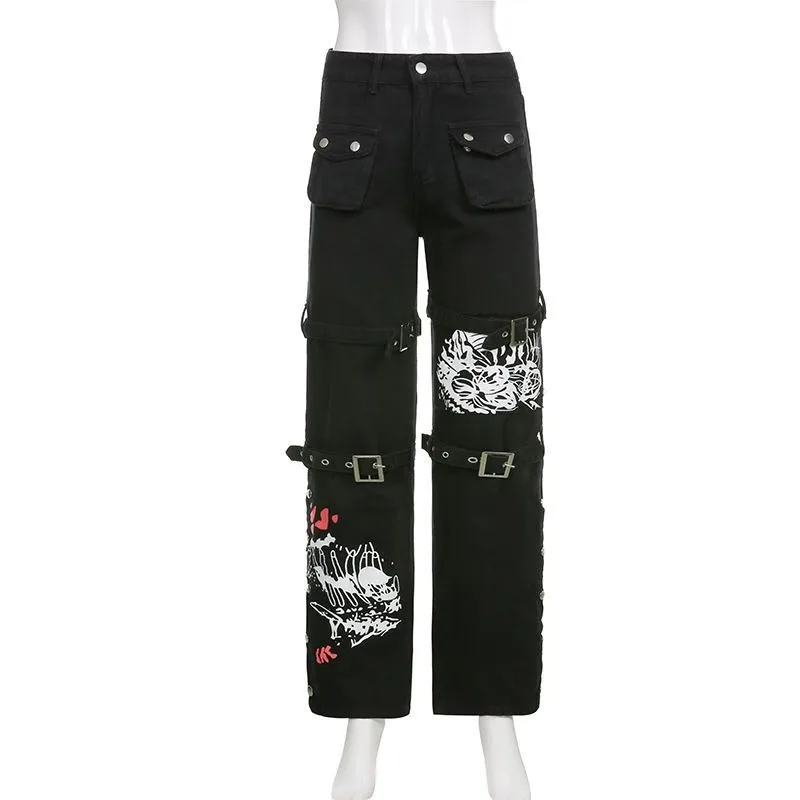 Y2K Metal Button High Waisted Straight Leg Jeans Drop Crotch Print Streetwear Pants Hip Hop Cargo Denim Trousers for Women