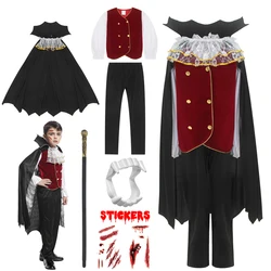 Boys Halloween Vampire Cosplay Costume Child Adult Vampire Clock Carnival Party Outfit Costumes with False Teeth Walking Cane