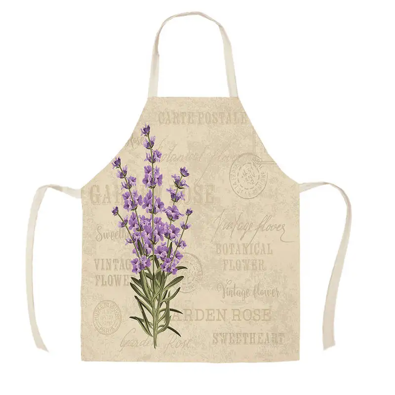 New Lavender Pattern Linen Kitchen Apron Home Cooking Baking Cleaning Supplies Adult Restaurant Kitchen Antifouling Apron