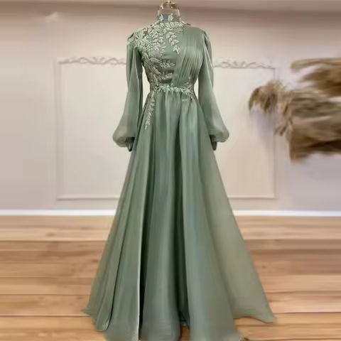 2024Unique Muslim Women Formal Evening Dress High Neck Long Sleeve Appliques A-Line Floor-Length Arab Islam New Prom Party Dress
