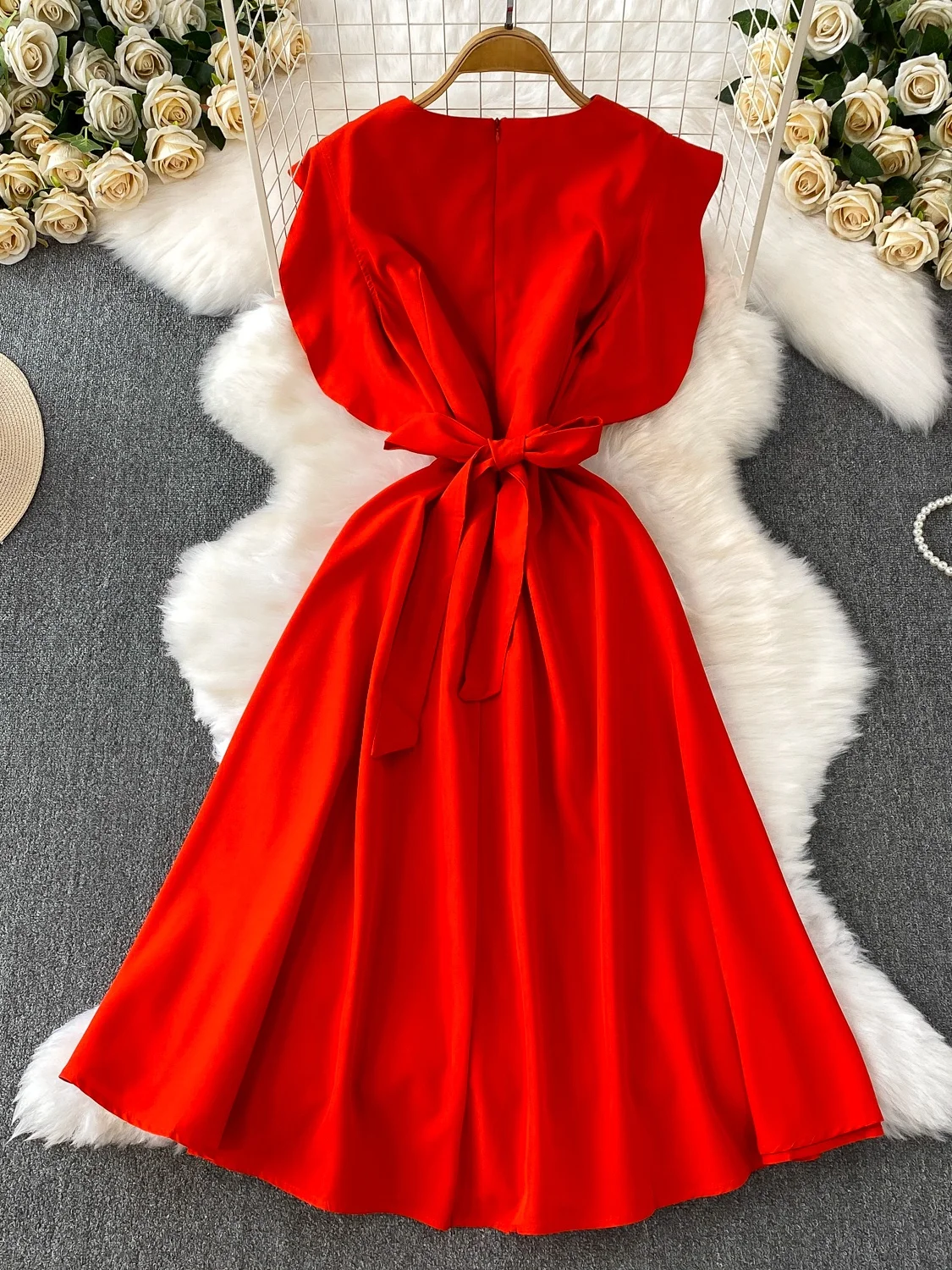 Red Sexy V-ne  Dr Women's Summer High Waist Satin Pleated Waist Cinch Long Skirt Commute Sle ort Sve Dr