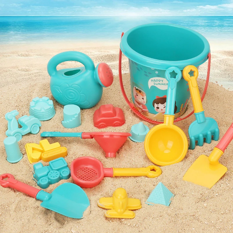 Divertidos juegos al aire libre de verano: juego de 18 piezas; Incluye cubo de playa, regadera, palas; Grandes juguetes de juego de arena para niños