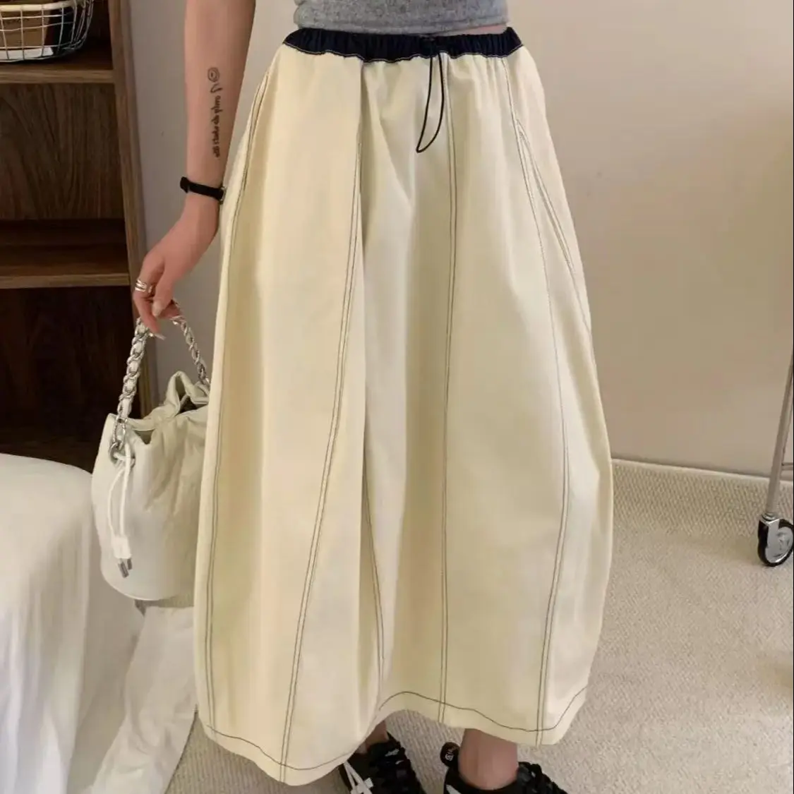 กระโปรงทรงบับเบิ้ลสไตล์ใหม่สำหรับฤดูใบไม้ร่วง แฟชั่นผู้หญิง ผ้าฝ้ายฟอกลายปะติด เอวสูง ยางยืด สวมใส่สบาย ทรงเอไลน์ กระโปรงคาร์โก้