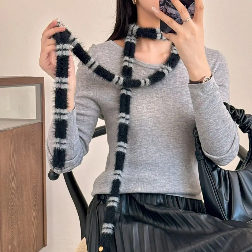 New Autumn Winter Slender Striped Scarf Plush Creative Long Strip Scarf Soft Casual Neck Warmer for Women