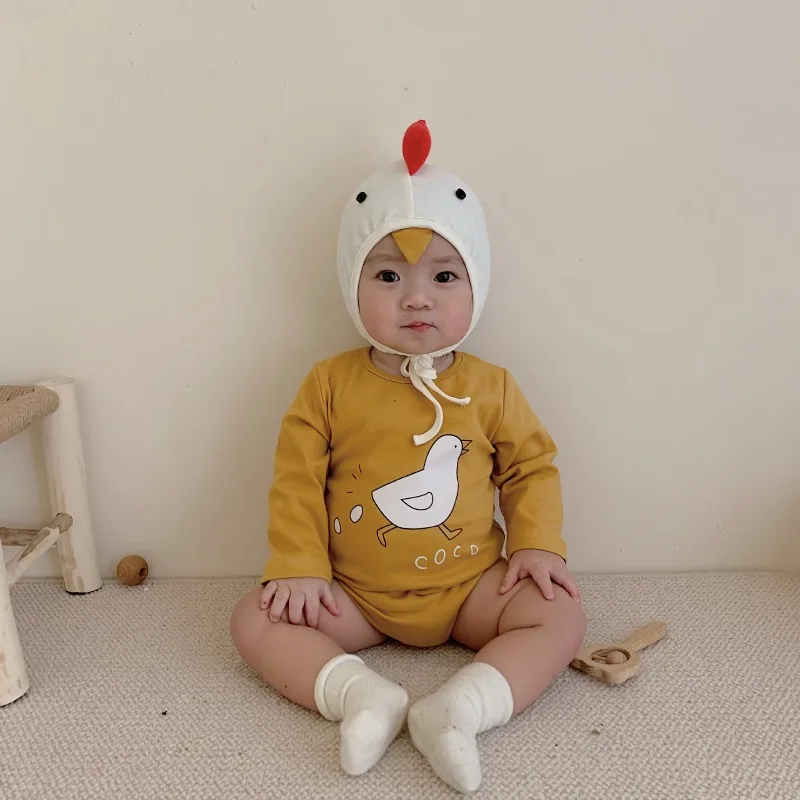 New Cute Cartoon Chicken Egg Printed Romper Long Sleeve Onesie Set Summer Newborn Jumpsuit for 0-1 Years Old Unisex Baby Clothes