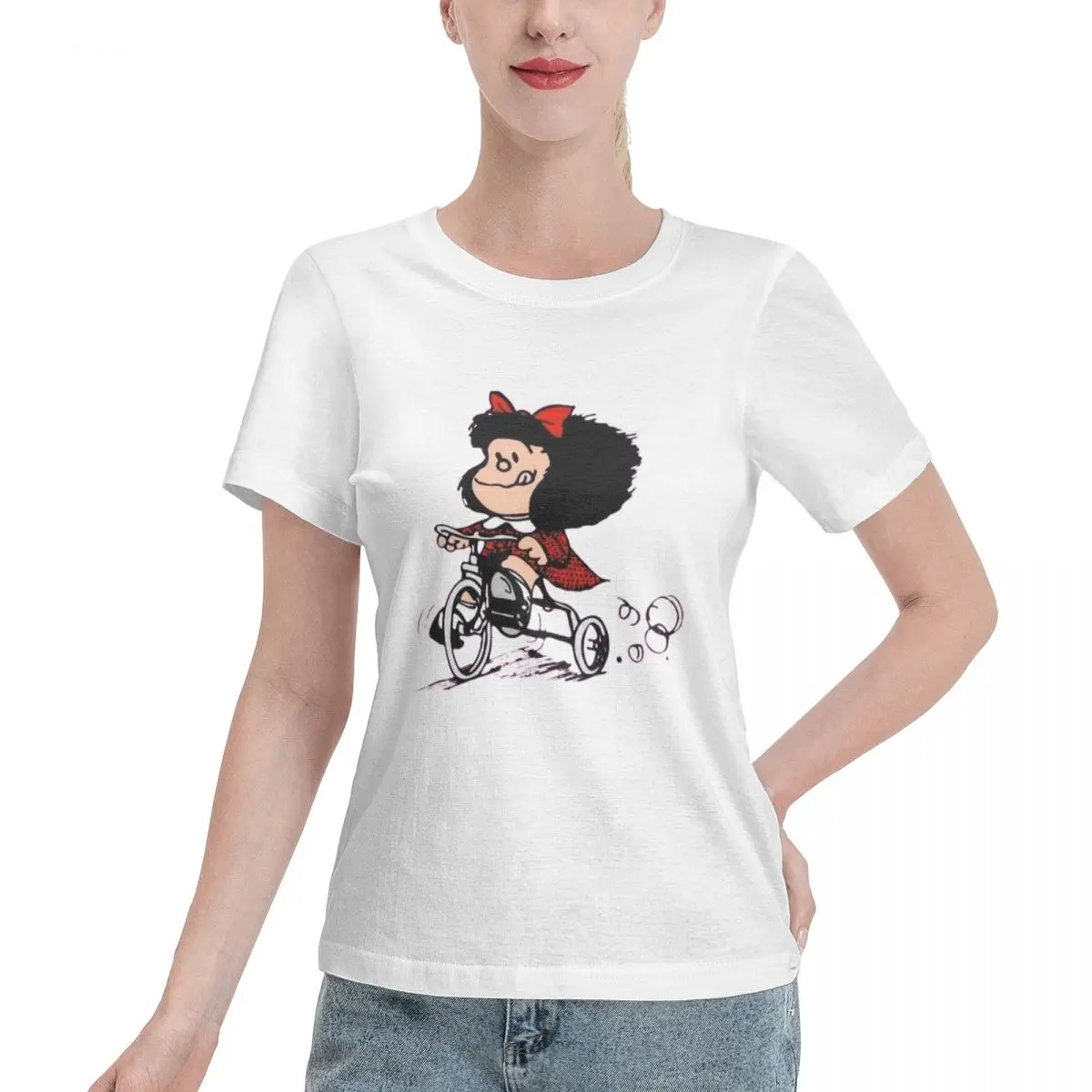 Mafalda On Tricycle Women's 100% Cotton Short Sleeve T-shirt Top Loose Tshirt