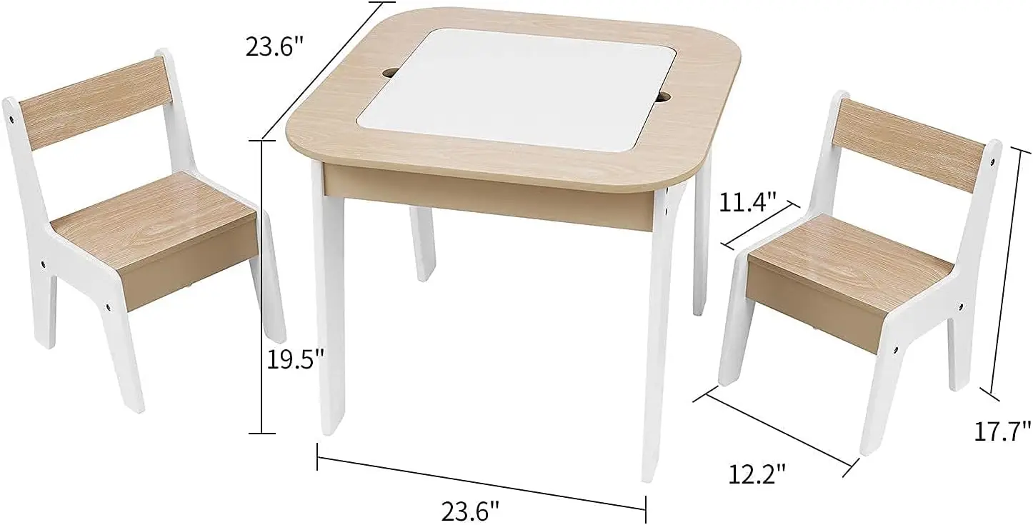 Wooden Storage Table and Chairs Set, White, 3-Piece Set, Ideal for Children's Learning, Activity Table or Dining