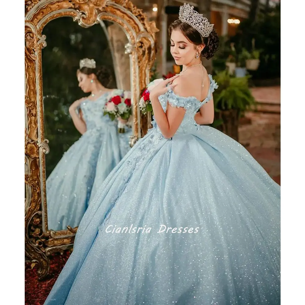 Vestido de quinceañera de cristal con flores 3D, azul claro, vestido de baile con capa, apliques de hombro, corsé, 15 Vestidos XV Años