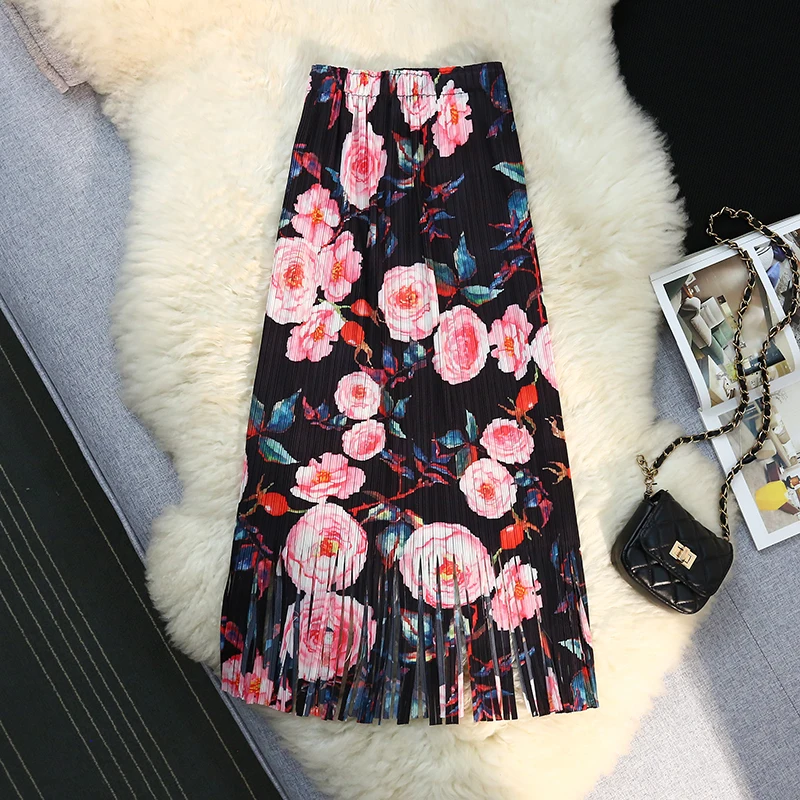 

Fashion Skirt For Women Printed Flowers Tassels High Elastic Waist Slim Skirts Elegant Female Clothing 2023 New