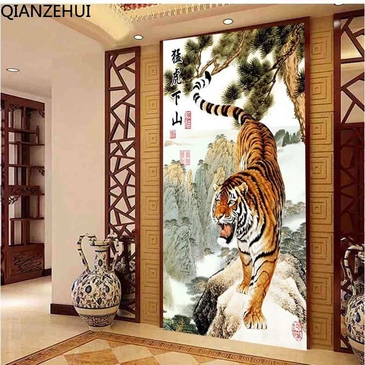 DIY full Diamond Embroidery,Round Diamond Vertical Tiger Tiger Downhill Living room decoration rhinestone beads Diamond painting