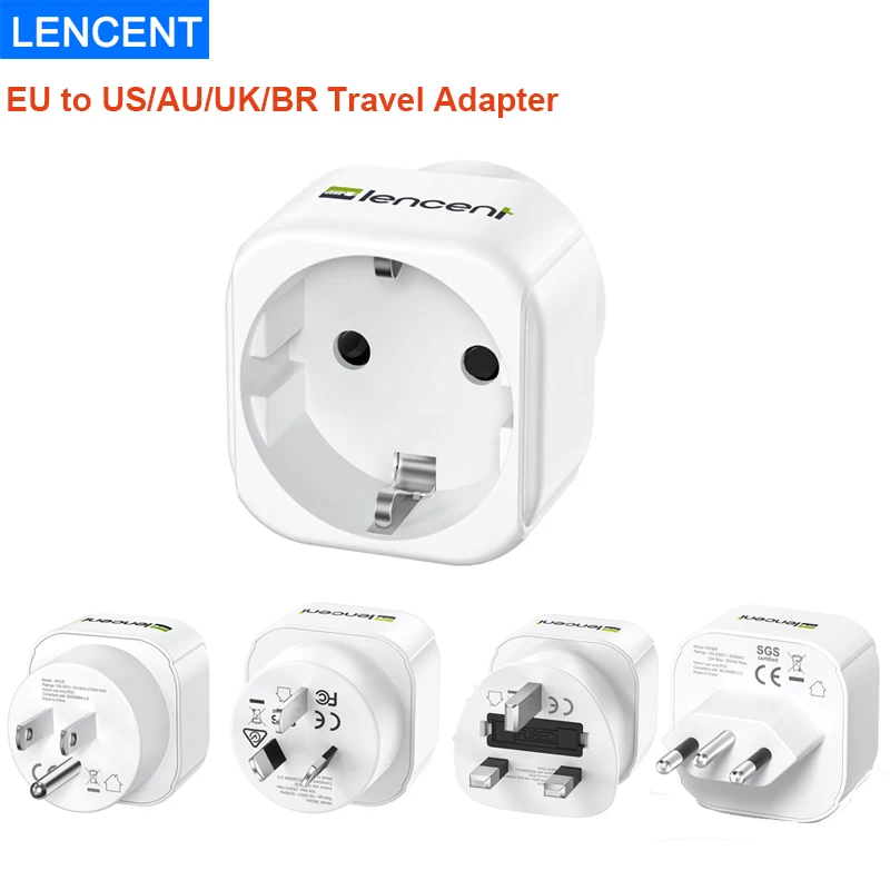 LENCENT Paquete de 2 enchufes de Europa a AU/US/UK/BR, adaptador de viaje, protección contra sobrecarga, cargador de pared, convertidor de enchufe de viaje, adaptador de viaje
