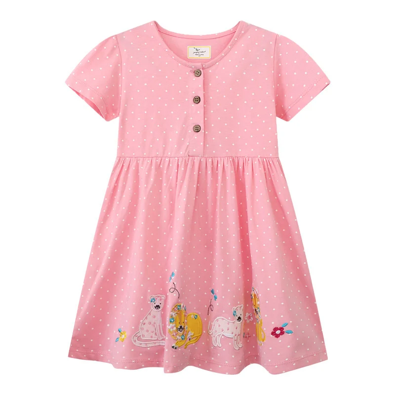 

Jumping Meters 2-7T Summer Girls Dresses Animals Embroidery Short Sleeve Buttons Dots Children's Clothes Toddler Frocks Costume