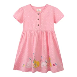 Jumping Meters 2-7T Summer Girls Dresses Animals Embroidery Short Sleeve Buttons Dots Children's Clothes Toddler Frocks Costume